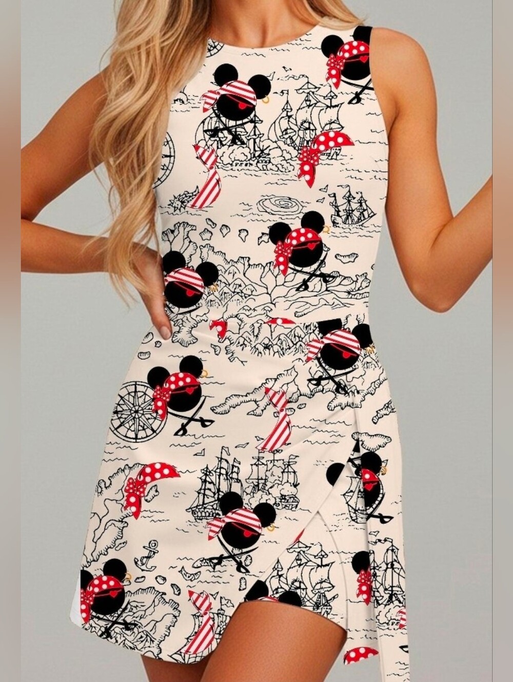 Graphic Disney Mickey Mouse Pirate Print Dress in Red, Black & Cream